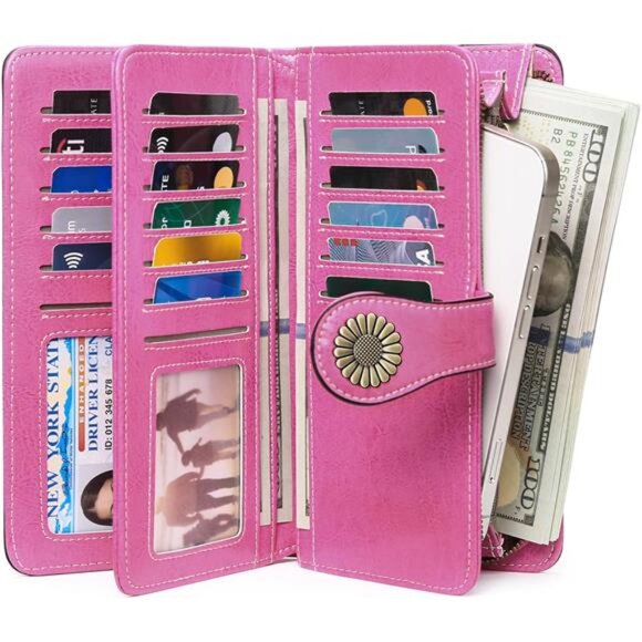 Leather Wallet for Women RFID Blocking Large Capacity Card Holder Wristlet Purse - Picture 2 of 7